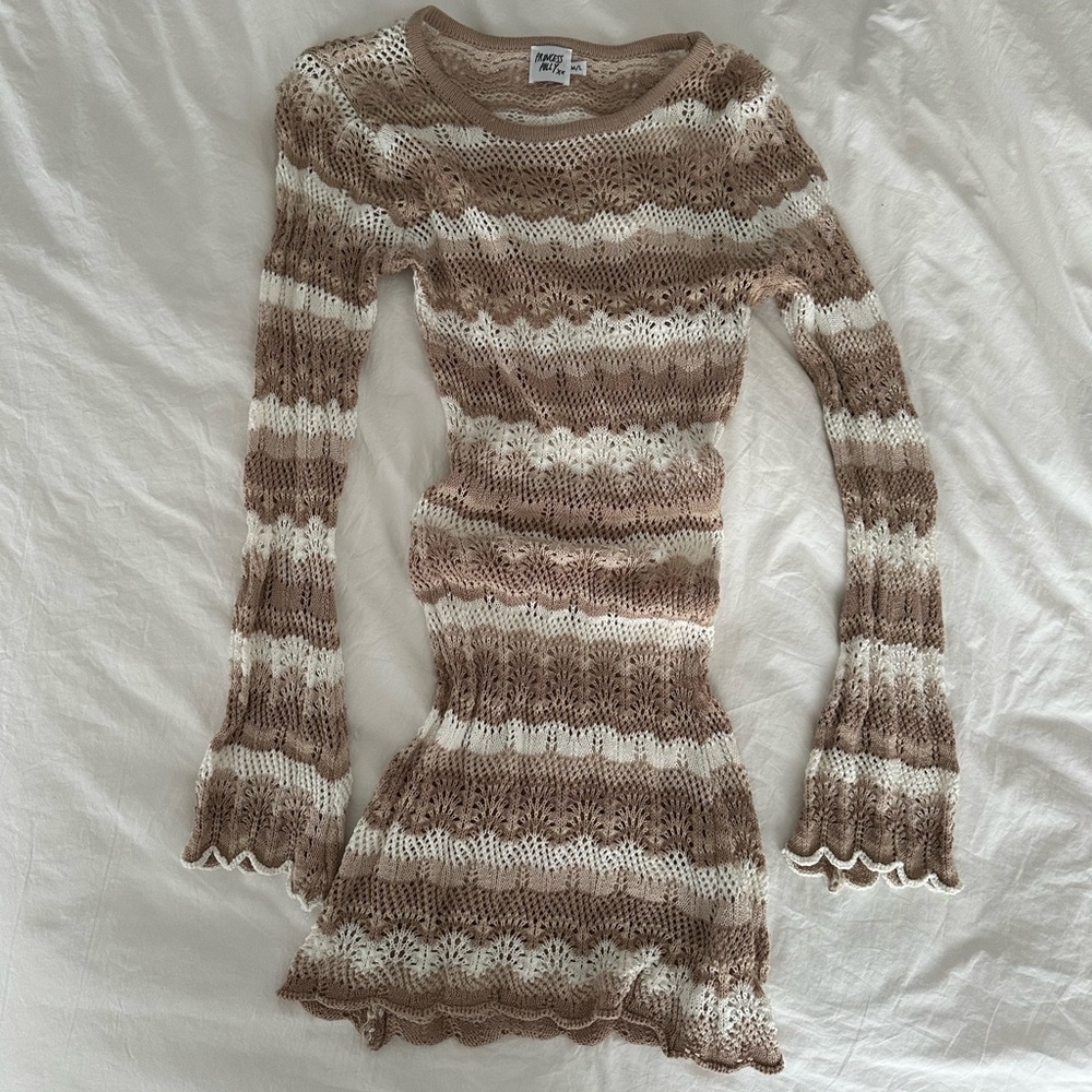 Princess Polly Striped Long Sleeve Dress in Tan and Cream